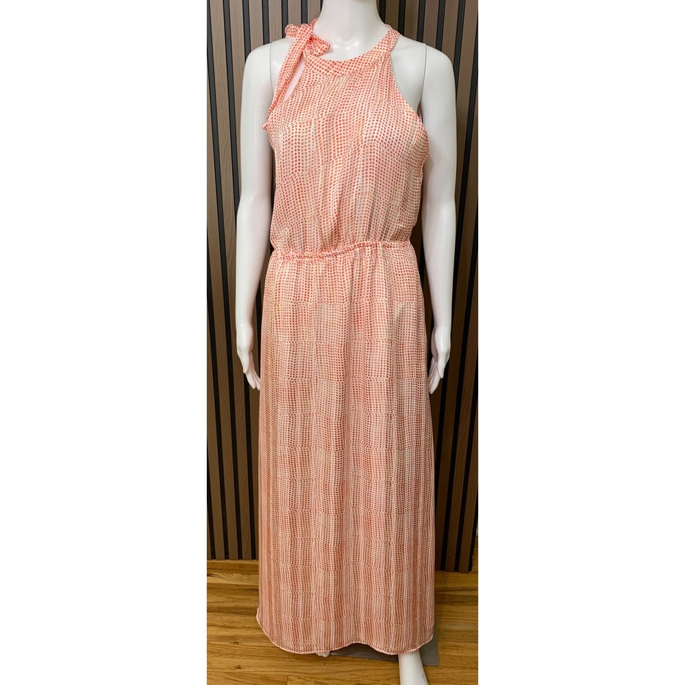 Banana Republic Coral Pink White Halter Maxi Dress XS Tie Neck Elastic Waist